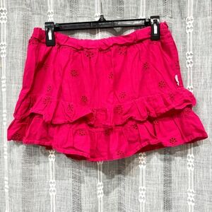 Hollister Tiered Ruffle Mini Skirt Eyelet Hot Pink Lace Design Stretchy Waist S